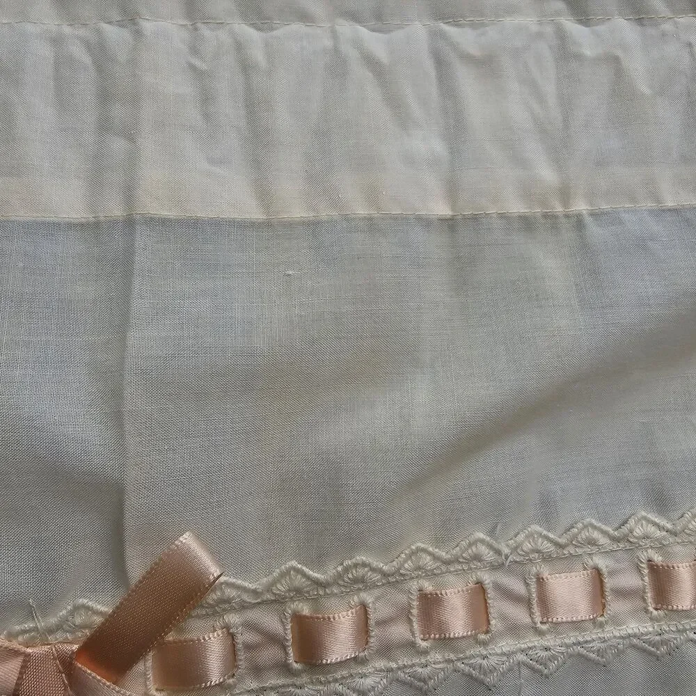 Set of 2 Vintage 1970s Swag Valances with Eyelet Lace & Pink Ribbon Trim